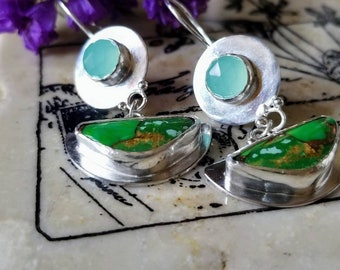 Hand fabricated Green Turquoise Sterling Silver Dangle Earrings: Boho Jewelry