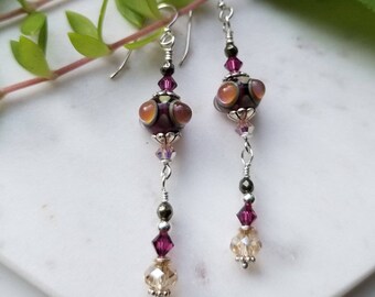 Handmade Lampwork Glass Dangle Earrings: Chocolate Moonstone, Garnets, Pyrite, Sterling Silver