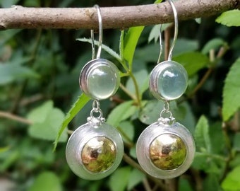 Green Prehnite Gems, NuGold Mixed Metal Drop Dangle Earrings, Artisan Handmade, Acorn Hills Studio, gift for her