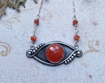 Carnelian and Sunstone Gemstone Necklace, Handcrafted Sterling Silver Necklace, Eye Of Horus inspired , Women's Jewelry