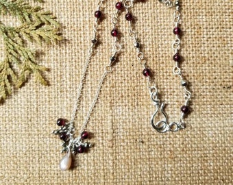 Garnet Jewelry, Moonstone and Pyrite Necklace and Dangle Earring Set, Handmade Lamp work Glass Bead, January Birthstone