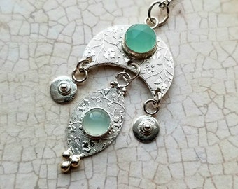 Handmade Goddess Pendant, Embossed Sterling Silver, Chalcedony Gems, Acorn Hills Studio