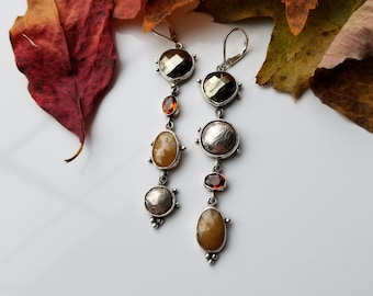 Sapphires, Garnets, Pyrite Gemstone long Earrings,  Asymmetric Earrings, Acorn Hills Studio, Ready to Ship