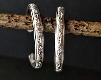 Sterling Solid Silver Hoops, Floral Embossed Hoop Earrings, Choice of Sizes Made for you, gift for her, Ship now, AcornHillsStudio