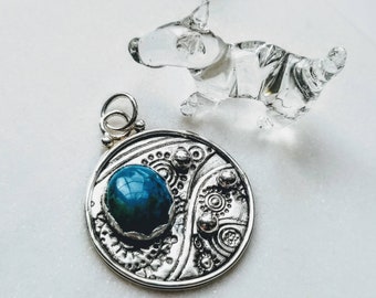 Natural Turquoise Gem In Handcrafted Embossed Sterling/Fine Silver Pendant. Your choice of chain length