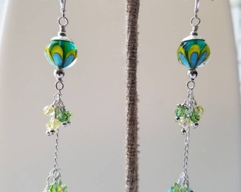 Artisan Lampwork Glass Earrings, Genuine Crystals, Recycled Glass beads, Long Dangle Earrings, 925 Sterling Earwires, gift for her