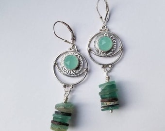 Ancient Roman Glass Earrings, Aqua Chalcedony gems,  Handmade Sterling and Fine Silver settings, Acorn Hills Studio