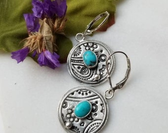 Kingman Turquoise Embossed  Sterling Silver Earrings, Handcrafted in Acorn Hills Studio