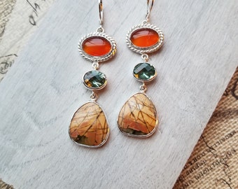 Carnelian, Green Amethyst and Cherry Creek Jasper Handmade Dangle Earrings, Sterling Silver Earrings, Free Next Day Shipping