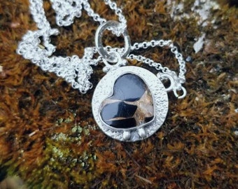 Black Obsidian Heart with Copper strands set on Hand Textured Blackened Sterling Pendant, .925 Silver chain Necklace