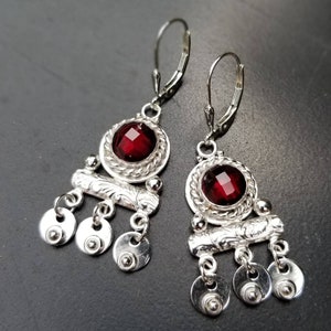 Garnet Sterling Silver Earrings, Silver Dangle Earrings,  Ancient Roman Inspired Earrings, Handmade gift for her, Mothers Day Gift