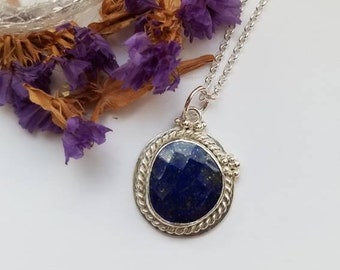 Royal Blue Lapis Lazuli Gem Pendant, Handmade Embossed Sterling Silver  settings,  choice of two different lengths of Sterling Silver chains