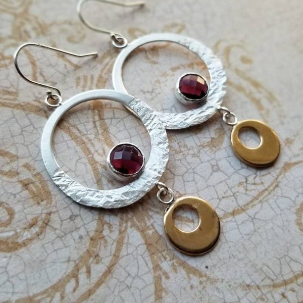 Sterling Silver and Brass Hoop Earrings,  Rhodolite Garnet Earrings, Mixed metal Handmade Hammered Jewelry by AcornHillsStudio, gift for her