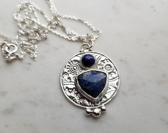 Lapis Lazuli Pendant Necklace, Hand Embossed Sterling Silver Pendant, Your choice of Sterling Chain length