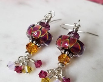 Lampwork Glass Dangle Earrings, Artisan handmade, Genuine Crystal's