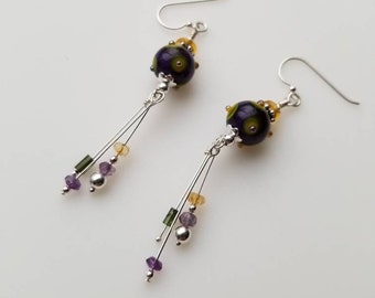 Handmade Lampwork Glass Bead and Amethyst  Citrine and Tourmaline Gems, Sterling Silver Earrings