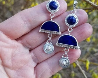 Lapis Lazuli Sterling Silver  Handmade Dangle Earring, Ancient Inspired Design by Acorn Hills Studio