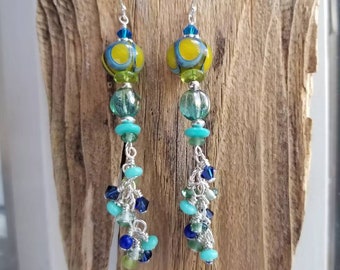 Lampwork Glass Dangle Earrings: Sterling Silver, Swarovski Crystal & Lapis