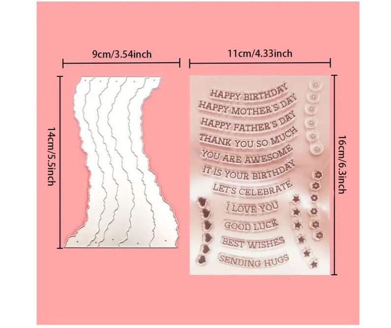 Puede incluir: Un conjunto de 11 sellos de acr&iacute;lico transparente con diferentes frases y dise&ntilde;os. Las frases incluyen "Feliz cumplea&ntilde;os", "Feliz d&iacute;a de la madre", "Feliz d&iacute;a del padre", "Muchas gracias", "Eres incre&iacute;ble", "Es tu cumplea&ntilde;os", "Celebremos", "Te amo", "Buena suerte", "Los mejores deseos" y "Te mando un abrazo". Los dise&ntilde;os incluyen corazones, estrellas y c&iacute;rculos. Los sellos miden aproximadamente 16 cm de alto y 11 cm de ancho.
