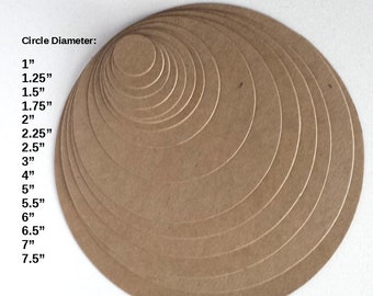 Chipboard Circle Die Cuts: in 19 Sizes from 0.75" to 8" in diameter - Chipboard Kraft Brown - Thin or Medium or Thick/Heavy Weight