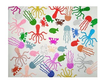 20 Ocean Animals Die Cuts: Glitter Color Cardstock Fish Crab Octopus Jellyfish for Scrapbooking Album Party Table Decoration