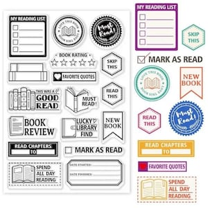 May include: A set of clear stamps for book lovers. The stamps feature various designs, including books, hearts, stars, and text. The text includes "Must Read!" "New Book" "Good Read" "Book Review" "Read This" "Skip This" "Mark as Read" "Spend All Day Reading" "Favorite Quotes" "Read Chapters To" "Lucky Library Find" and "This Was A".