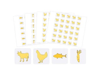 Gold Foil Chicken Cow Fish Carrot Sticker (Tiny) on Transparent Background: Meal Planning Stickers for Invitation Table Meal Cards