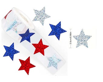 Patriotic Glitter Star Sticker Labels: Waterproof Self-Adhesive Red Blue Silver Star for 4th of July American Independence Party Celebration