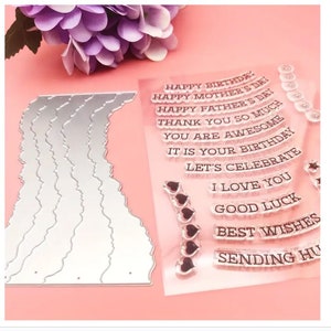 Puede incluir: Un conjunto de sellos de acr&iacute;lico transparente con varias frases y dise&ntilde;os, incluyendo corazones, estrellas y las palabras "Feliz cumplea&ntilde;os", "Feliz d&iacute;a de la madre", "Feliz d&iacute;a del padre", "Muchas gracias", "Eres incre&iacute;ble", "Es tu cumplea&ntilde;os", "Celebremos", "Te amo", "Buena suerte", "Los mejores deseos" y "Te mando abrazos".