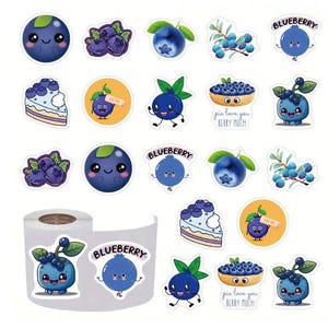 May include: A roll of stickers featuring various blueberry designs. The stickers include cartoon blueberries with faces, blueberry clusters, slices of blueberry pie, and the text "pie love you berry much."