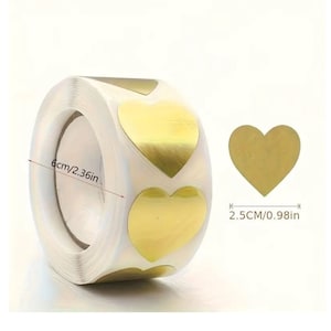 May include: Roll of gold heart stickers, 2.5 inches in diameter. The roll is 6 inches in diameter.