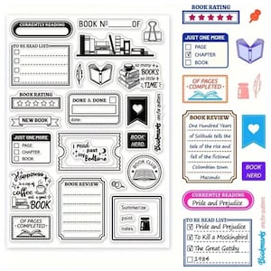 May include: A set of 20 clear stamps with black ink for book lovers. The stamps feature various book-themed designs, including "Book Club", "Book Nerd", "Currently Reading", "To Be Read List", "Book Review", "Done & Done", "New Book", "Just One More", "Of Pages Completed", "Happiness is a Cup of Coffee and a Good Book", "I Read Past My Bedtime", "Book No.", "Book Rating", and more.