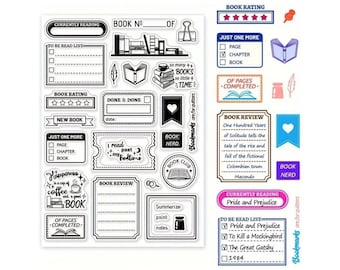 Clear Stamp Sets [x-Large]: Reading Books Stamp Set - Book Review - Reading Notes Library Clear Stamps for Journals