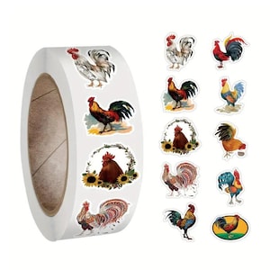 May include: Roll of stickers featuring colorful rooster and hen illustrations. The stickers are on a white background and are perfect for adding a touch of whimsy to any project.