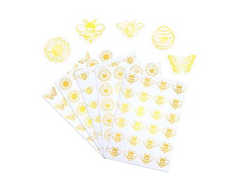 Gold Foil PVC Sticker on Transparent Background: Gold Sunflower Butterfly Bee Honeycomb for Envelope Seals Scrapbooking Journing Album Cards