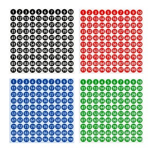 May include: Four sets of numbered stickers, each with numbers 1-100. The sets are in black, red, blue, and green. Each number is in a white font inside a colored circle.