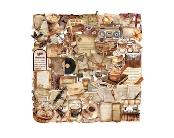 Vinyl Coffee Sticker: 50 Vintage Coffee Cafe Cartoon Vinyl Waterproof Stickers for Jouranling Scrapbooking