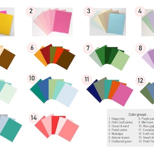 May include: A color palette chart with 14 different color groups, each with 5 to 6 color swatches. The color groups are labeled with numbers and names, such as "Happy day", "Pink1 (soft pinks)", "Ocean & sand", "Pastel colors", "Nostalgia", "Autumn leaves", "Feathered green", "Purple passion", "Mint hues", "Blue ombre", "Everyday flowers", "Earth nature", "Sweet dream", and "Pink2 Flamingo".