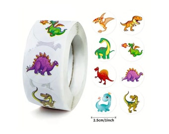 Dinosaur on Round Stickers Seals Labels: Fun Colorful Cute Dinosaur Stickers for Envelopes, Boxes, Cards, Tags - 500 Stickers per Roll