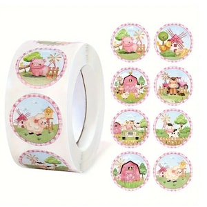Farmyard Sticker Labels: Pink Farmyard, Farm Barn, Farm Animals Stickers - Farm Pigs Chickens Cows Barns