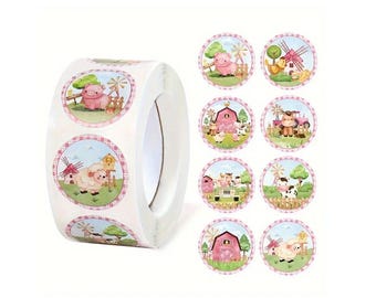 Farmyard Sticker Labels: Pink Farmyard, Farm Barn, Farm Animals Stickers - Farm Pigs Chickens Cows Barns
