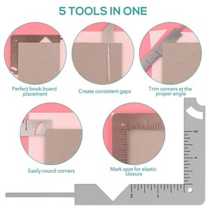 May include: A silver multi-tool with ruler markings and various cutouts for crafting. The tool is designed for bookbinding, with features to create consistent gaps, trim corners, round corners, and mark spots for elastic closures. The text "5 TOOLS IN ONE" is at the top.