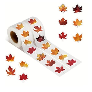 May include: Roll of stickers featuring colorful autumn leaves. The stickers are on a white background and are perfect for adding a touch of fall to your crafts, gifts, or home decor.