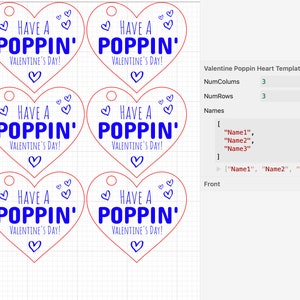 May include: A printable template for nine Valentine's Day heart-shaped tags. Each tag features the text "Have a Poppin' Valentine's Day!" in blue text with small hearts surrounding the text. The template is designed to be printed on 3x3 grid.