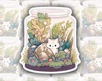 Cute Cozy Cat Nestled in a Mini Forest Terrarium, Glossy Laminated Vinyl Sticker, Laptop Sticker, Journal Diary Stickers (U.S Duty Free!)