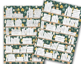 May include: Two sheets of green and white patterned wrapping paper with a bookshelf design featuring white books with black text. The text on the books includes titles like "The Secret Garden", "The Lord of the Rings", "Pride and Prejudice", and "The Hobbit".