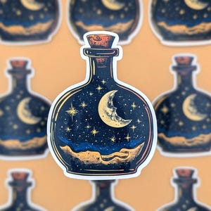 May include: A set of 12 stickers featuring a glass bottle filled with a starry night sky, a crescent moon, and a sandy beach. The stickers are printed on white, glossy paper and have a rounded, bottle-shaped outline.