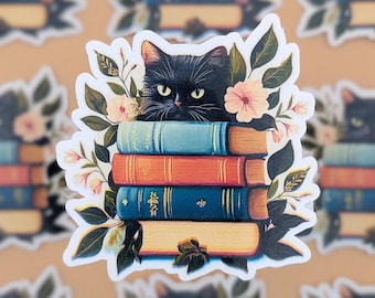 Black Cat Book Sticker | Cute Cat Peeking Over Books | Floral Book Stack | Aesthetic Vinyl Sticker | Bookish Gift(U.S Duty Free!)
