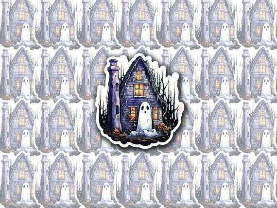 Adorable Spooky Cabin Ghost, Glossy Laminated Vinyl Sticker, Laptop Sticker, Notebook, Journal Diary Stickers(U.S Duty Free!)