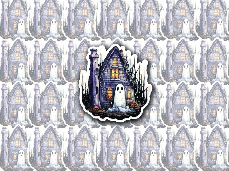 May include: A sticker featuring a spooky, grey, haunted house with a ghost inside. The house has a chimney and windows with glowing lights. The house is surrounded by dark, spindly trees. The sticker is on a white background.